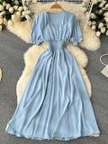 Vintage Green/Yellow/Blue/Beige Short Sleeve Long Dress Women Elegant V-Neck High Waist A-Line Maxi Vestidos New