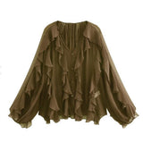 New Women's Fashion Cascade Decoration Fashion Chiffon V-Neck Long-Sleeved