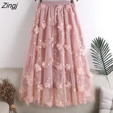 Flower Embroidery Tulle Midi Skirt Women Summer Elegant Elastic High Waist A-line Tutu Skirt Female Casual Pleated