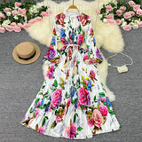 Zingj Luxury Retro French Round Collar Lantern Long Sleeve Print Dress Women's Belt With Loose Waist Show Thin Pleated