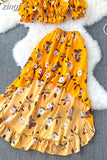 Bohemian Floral Printed Sets Women Sexy Slash Neck Short Tops + High Waist Ruffle Irregular Skirt Suit Female New