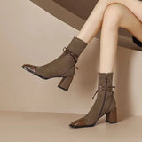 Temperament Style ~ New Square Head Thousand Bird Martin Boots Female 2025 Autumn Bow Thick High Heel Ankle