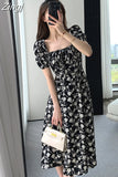 French Sexy Bodycon Black Floral Square Collar Office Lady Midi Chiffon Dress Women Party Elegant Clothes Summer