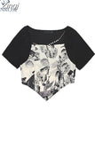 Hem Short Sleeve Crop Top Women's Y2k Patchowork Fake 2 Piece Tee Summer 2023 Vintage Sexy Club Party Costume