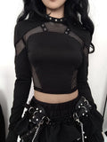And Dark Style Fashion Grid Splicing Hollow Design T-Shirt Hottie Trend Chicken Eye Collar Umbilical