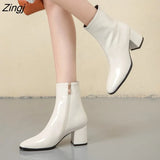 Autumn Women Fashion Square High Heels Zapatos De Mujer White Patent Leather Shoes Ankle Boots Black Woman