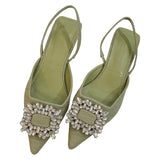 Side Buckle Water Drill Sandals Women Sandals Green Wild Fairy Fine Heel Low Heel French High-End Heel With Working
