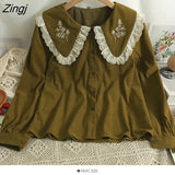 Embroidered Flowers Shirt Women Korean Peter Pan Collar Lolita Blouses Elegant Long Sleeve Single Breasted Blusas