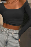 Square Collar T-shirts Autumn Casual Long Sleeve Women T-shirts Tops Autumn Outfits Basic Knitted Tees Female