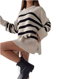 Autumn And Winter Women's Clothing Jacket Loose Round Collar Bump Color Knitted Striped Sweater