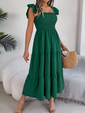 Shooting 2025 Summer Solid Color Square Lead Wood Ear Waist A Word Dress Women's