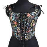 Ancient Printed Corset New French Retro Court Front Strap U Tie Leaf Printed Vest Female
