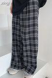 Women Plaid Pants Casual Black Oversize Loose Summer Wide Leg Trouser Retro Teens Harajuku Hip Hop All Match