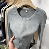 Long-Sleeved T-Shirt Slim And Slim In Autumn And Winter With Threaded Design Feeling Bottomed Blouse Women's Low-Collar Unique