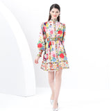 Style Dress Woman 2025 New Elegant Dress Collar Lantern Sleeves A-Word Print