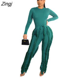 Sleeve Bodysuit and Pants Fringe Tassel Trousers Two Piece Set Tracksuit Fall Women Clothing Sexy Skinny
