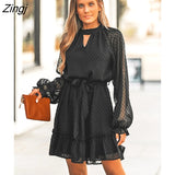 Chiffon Belted Clip Dot Ruffled Mini Dress For Women Sexy Long Sleeve A-line Party Dress 2023 Spring Autumn Female