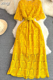 Women Vintage Purple/Red/White Hollow Lace Party Maxi Dress Female Elegant Round Neck Short Sleeve Slim Robe New