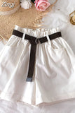 Summer Elegant High Waist Shorts Women Casual Solid Wide Leg Loose Cotton Short Pants With Belt Korean Sweet