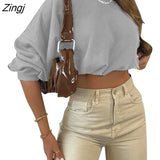 Women’s Casual Long-sleeved Crop Tops Fashion Solid Color Loose Exposed Navel Sweatshirt for Spring