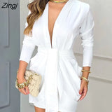 Autumn Women Ball Gowns Deep V Neck Long Sleeve Plunge Ruched Party Dress Office Lady Wear White Wrap Mini Bodycon