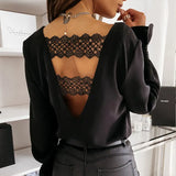 Lace Stitching Shirt Fashion Sexy Spring and Autumn Long-sleeve Shirt V-neck Chic Back Korean Office White Blouse