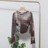 Not Sultry Hot Tie Dye Net Yarn Long-Sleeved T-Shirt Drawstring Tethered With Short-Sized T-Shirt Horn Sleeve Top