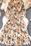 Women Flower Printed Midi Dress Spring Autumn Elegant V-Neck Slim Vestidos Casual High Waist A-Line Bohemian Robe