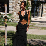 New Women's Fashion Sexy V-Neck Hanging Neck Sling Wooden Ear Dress Two