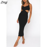 Summer Female Solid Color V-Neck Dress Sleeveless Hollow Out Package Hip Long Dress for Summer