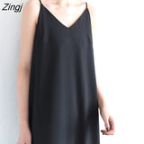 Women Chiffon Spaghetti Strap Sleeveless Dress Korean Loose V-neck Sexy Elegant Vintage Ladies Breathable Thin