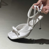New Square Head Wrist Tripped Silver Silk And Satin Bow High Heel Cool Slippers Fine Heeled Female