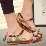 Size Flat Shoes Woman Beaded Strap Women Colorful Back Lace up Fashion Ladies Floral Cotton Fabric Women's