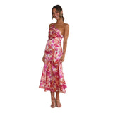 Zingj Summer New Stylish Temperament Diagonal Collar Sling Fishtail Print Dress