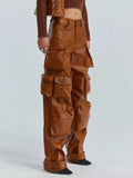Zingj Cargo Pants Fall 2024 New Personality Splicing Loose PU Leather Pants Casual Wide-Leg Pants
