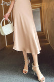 Silk Satin Midi Skirt for Women 2023 New Elegant High Waist A Line Solid Office Balck Long Skirt Women