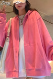Hat Hoodies Women Zip-up Spring Autumn Front Pocket Loose Korean Style Trendy Casual Students Elegant Chic All-match