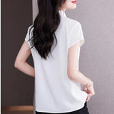 Tie Blouse Shirt for Women OL Elegant Blouses Satin Womens Tops Silk Female Clothing 2023 Korean Fashion Short Sleeve