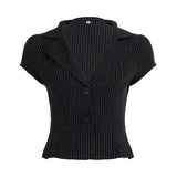 Hottie Wind Depth V Collar Striped Shirt Two Buckle Cardigan Waist Type Short-Sleeved Commuting Base