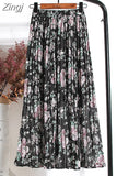 Women 2023 High Waist Floral Print Mid Calf Long Pleated Skirt Girls Summer Vintage Elegant Chiffon Midi