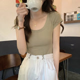 Zingj Color Casual Versatile Short-Sleeved T-Shirt Women With A Bottom Shirt 2024 Summer Slim U-Collar Student Jacket Ins