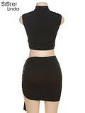 Sexy Hollow 2 Piece Sets Women Metal Decorative Sleeveless Chic Tank Tops+Irregular Hip Skirts Female Party