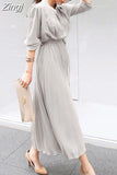 Single Breasted Chiffon Dress Women Pleated Dresses Full Sleeve Slim Waist A-line Casual Female Long Dress Vestidos