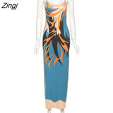 Women's Summer Long Sling Dress Fashion Sleeveless Spaghetti Strap Backless Pattern Print Beachwear