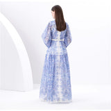 Early Spring Holiday Wind Collar Lantern Sleeve Print Single Buckle Waist Dress Female Pressure Fold Elegant Long