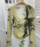 Tie-Dye-Print Long Sleeve Bottom Sexy Hottie V-Neck T-Shirt Folded Slimming Mesh Yarn Top
