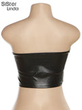 PU Leather Shiny 2 Piece Set Women Sleeveless Skinny Wrapped Chest Top+Pocket Split Skirt Matching Midnight