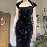 Dark Vintage Leaves Velvet Dress-Outfit