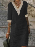 And Summer New Solid Color V-Neck Sleeve Cotton Temperament Elegant Dress