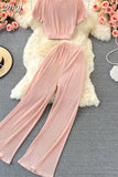 Vintage Red/Pink/Black Pleated Two Piece Set Women Casual O-Neck Short Sleeve Tops + Loose Pants Suit Female